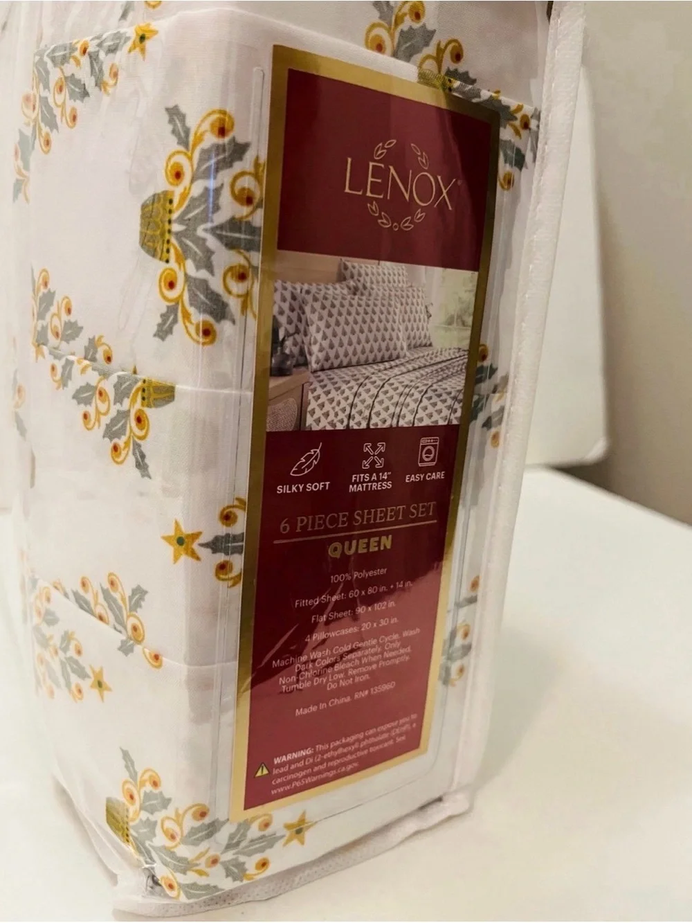 Lenox Queen Size 6 Piece Sheet Set Christmas Trees White Yellow Gray Green Red